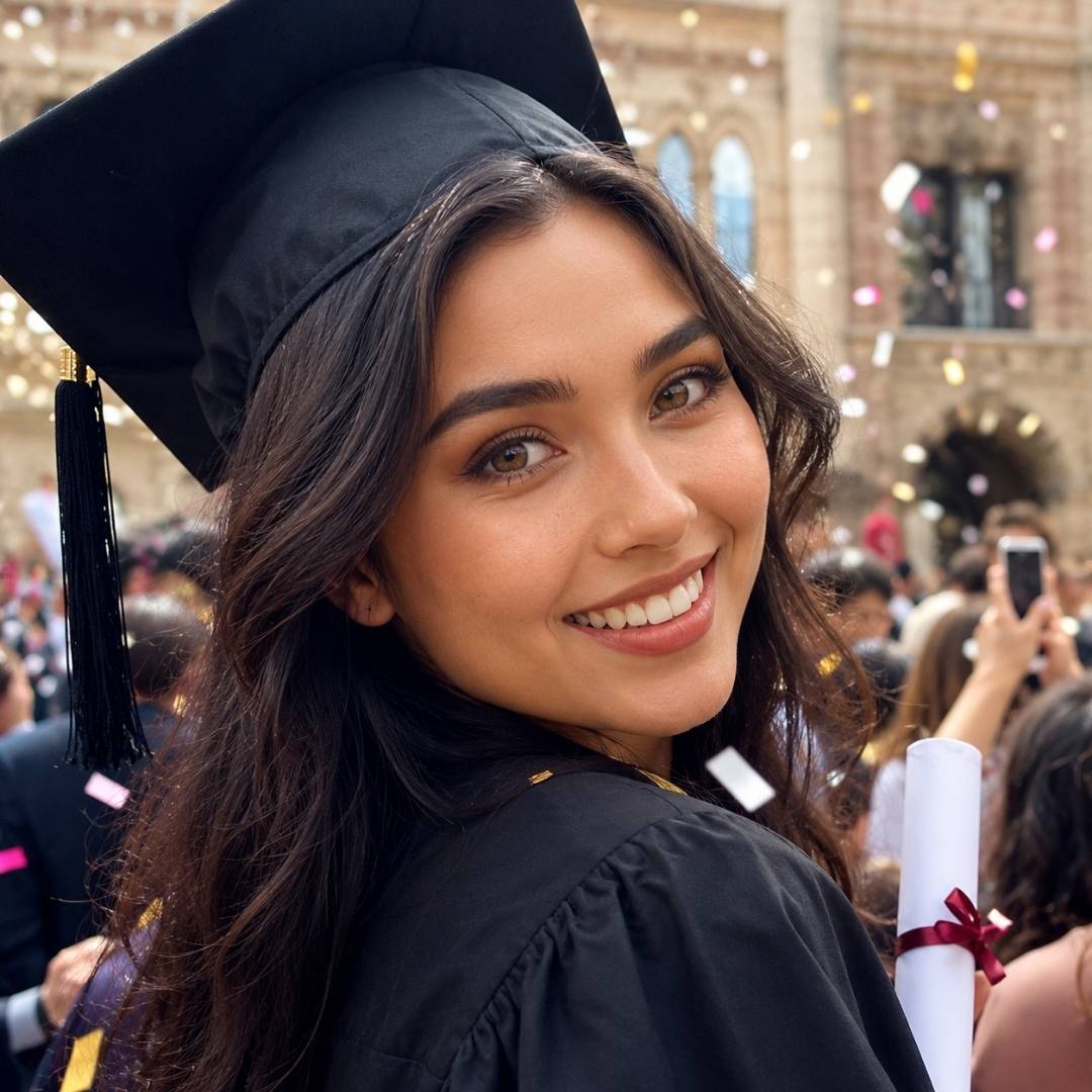 Graduation portrait featuring natural looking brown contact lenses and soft glam makeup