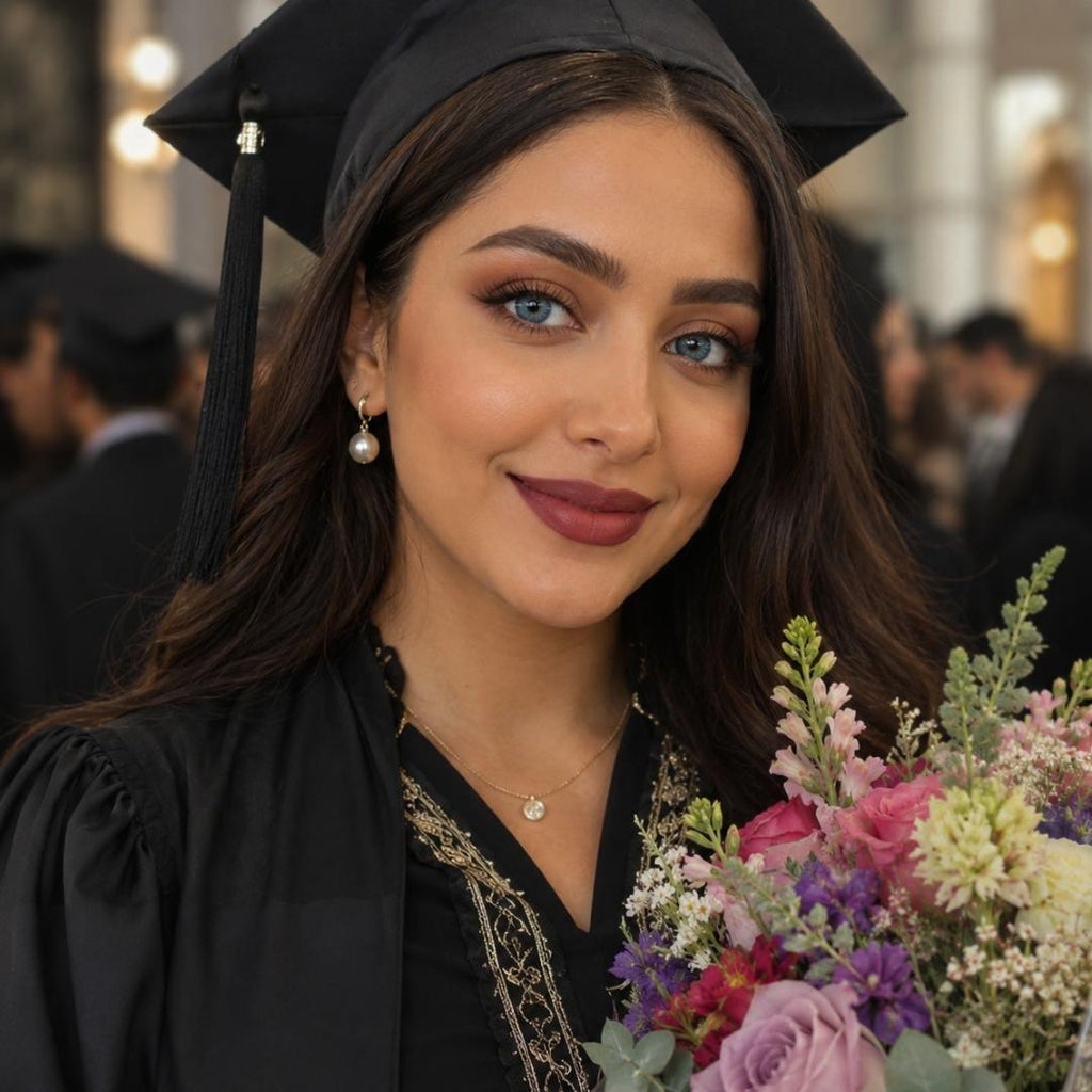 Graduate in cap and gown holding a bouquet of flowers, smiling.