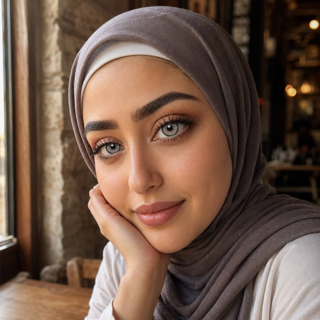 Woman wearing a hijab and stunning gray eyes in an indoor setting