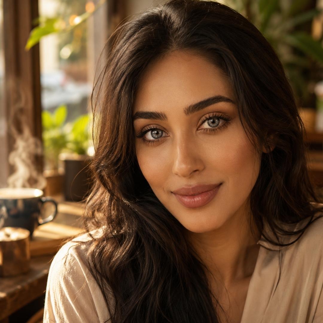 woman with olive skin wear gray contact lenses enjoying morning coffee