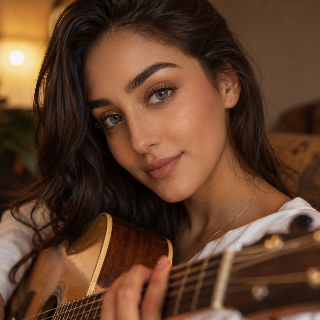 attractive gray eyes lady play guitar