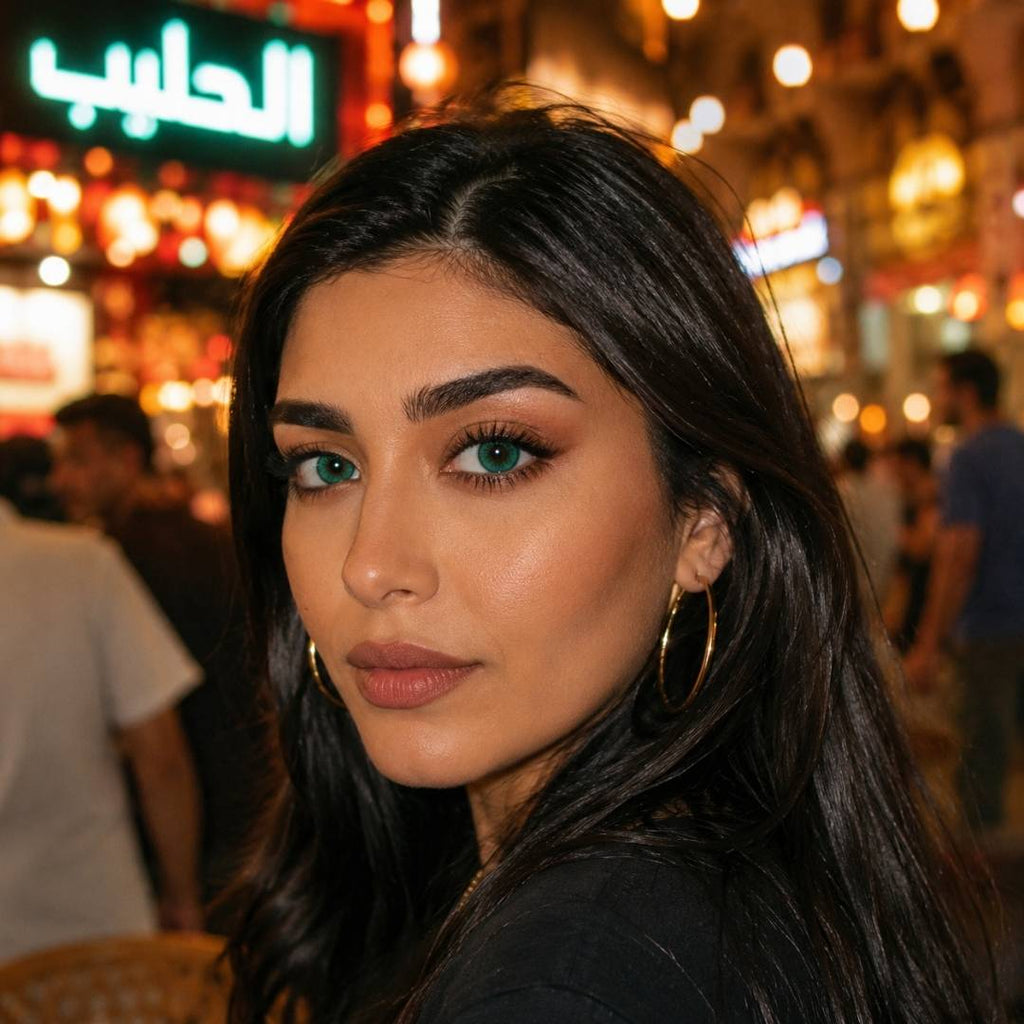 Nighttime street portrait of a woman with long dark hair and hoop earrings surrounded by blurred city lights. Her dramatic green eyes and direct gaze stand out against the lively evening setting.
