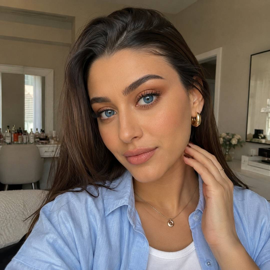 Woman with long dark hair and dreamy blue color contacts wearing a light blue button up shirt and gold jewelry in a softly lit bedroom vanity setting.