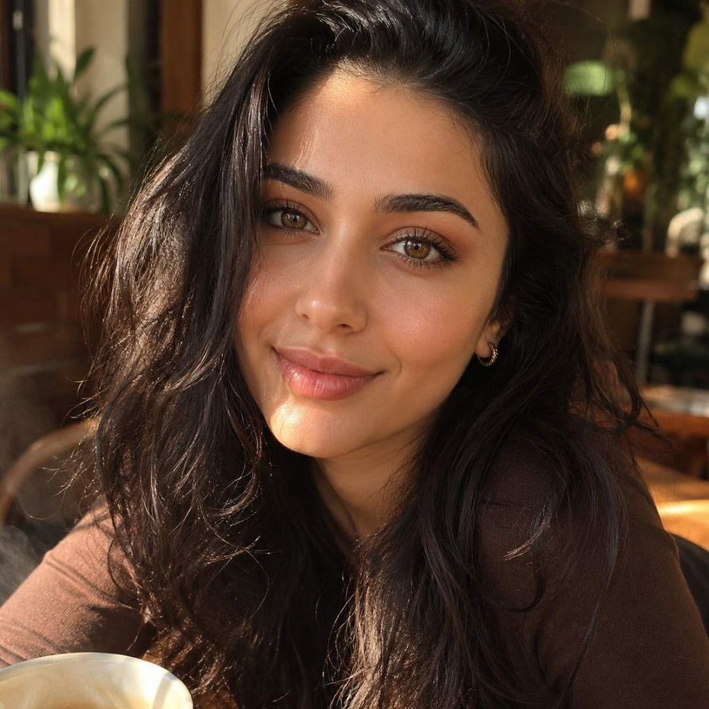 Soft beauty look with natural looking brown contact lenses and natural makeup