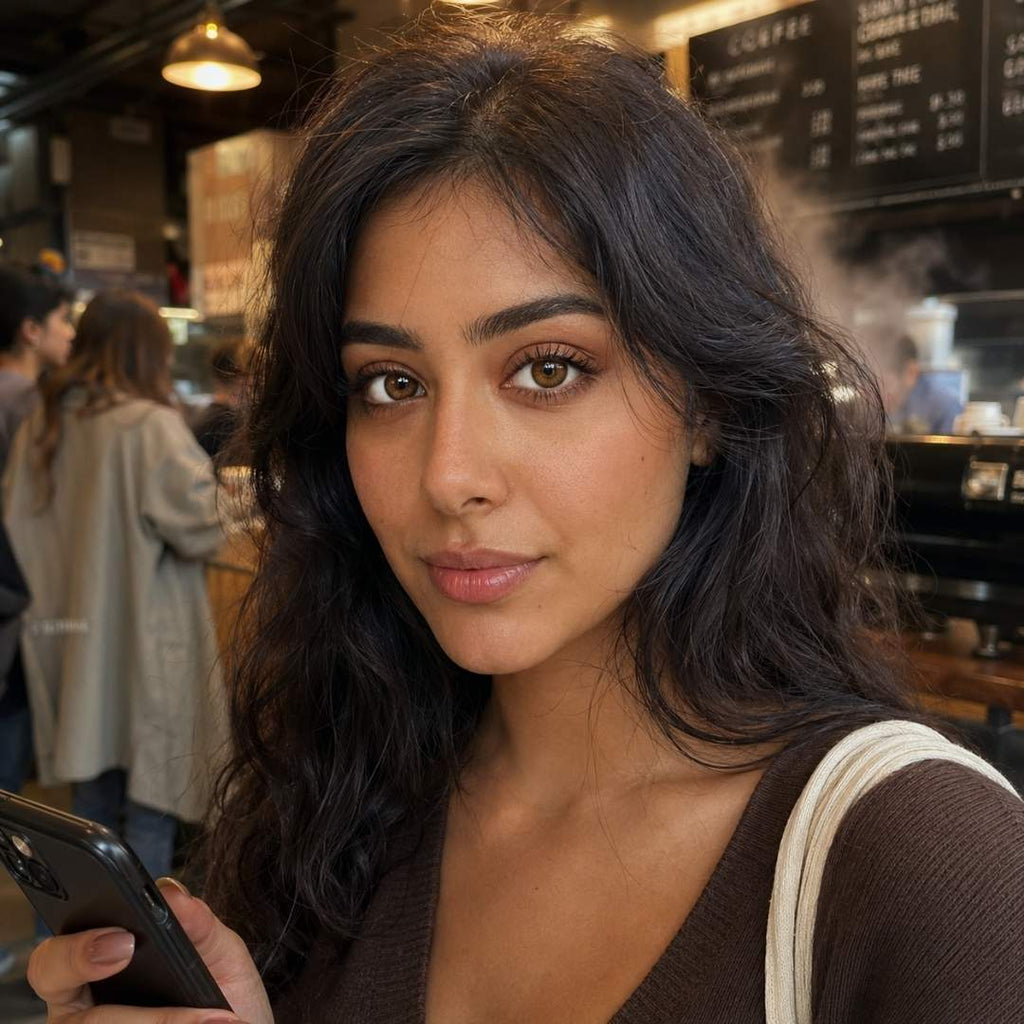 Cafe selfie with natural looking brown contact lenses and effortless everyday beauty