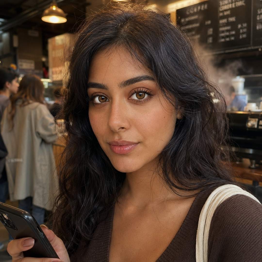 Cafe selfie with natural looking brown contact lenses and effortless everyday beauty