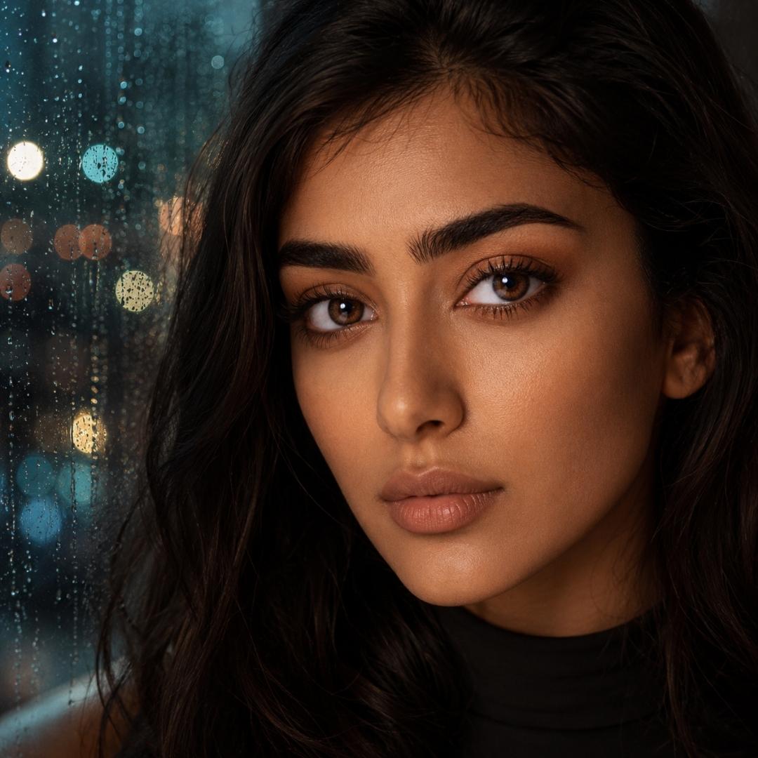 A young woman with dark hair wearing hazel brown colored contact lenses looking into the camera, with a rainy night window and blurry city lights in the background.