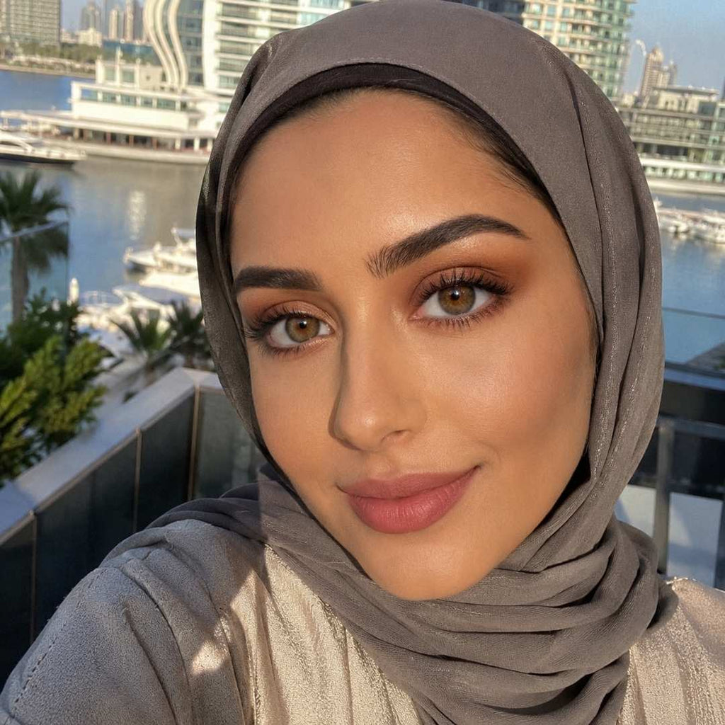 Close up outdoor portrait of a woman wearing natural cacao colored lenses and a taupe hijab on a balcony overlooking a marina. Golden sunlight reflects across the water and nearby high rise buildings in the background.
