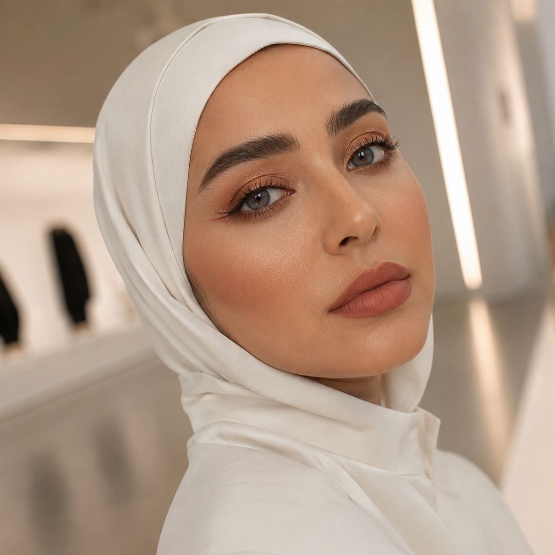 A woman in a white hijab stands in a room, showcasing her striking coco gray contact lenses.