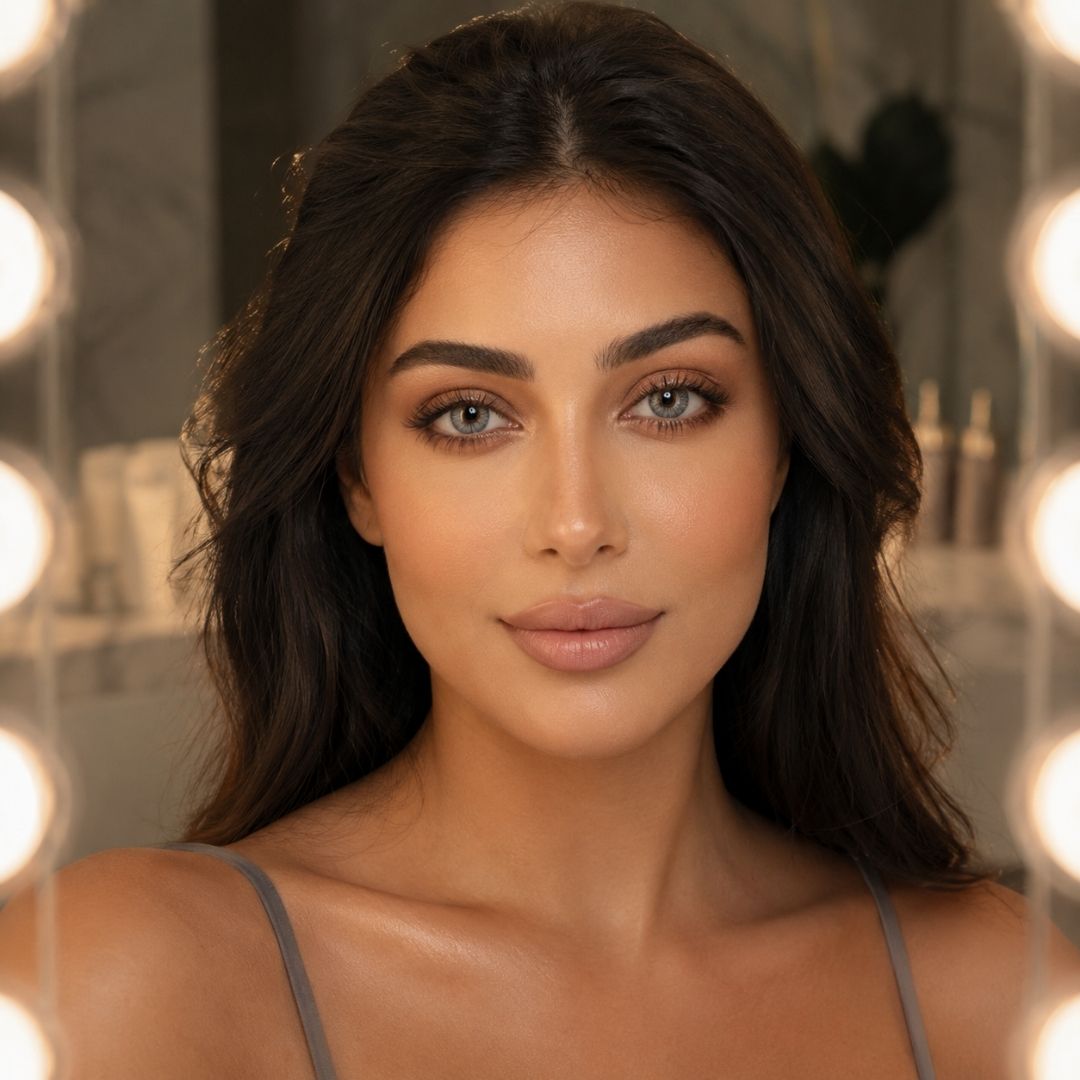Hollywood vanity mirror with 
warm bulb lights gray eyes