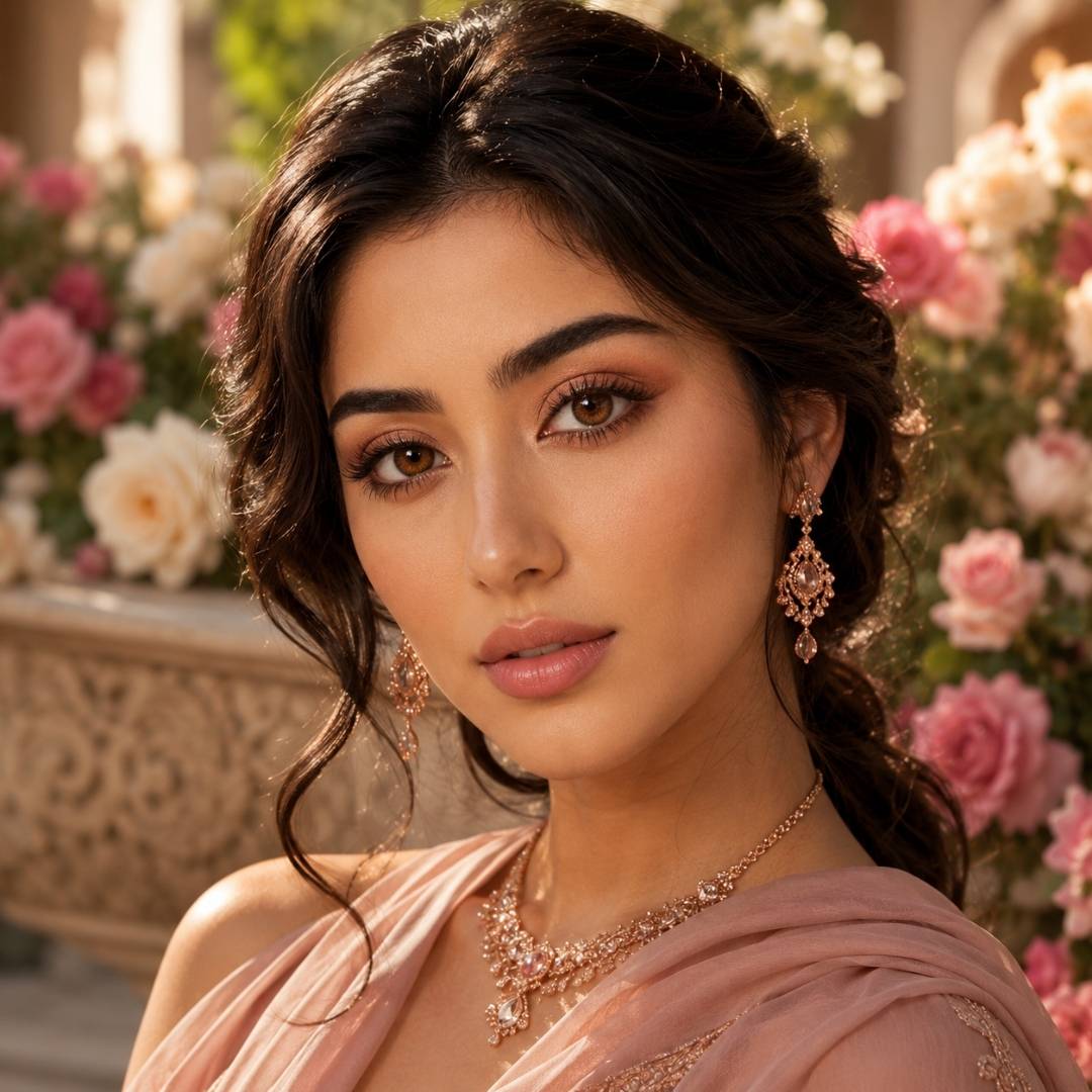 An elegant woman wearing amber brown cosmetic eye lenses and luxury jewelry, posing in front of a blooming pink and white rose garden.