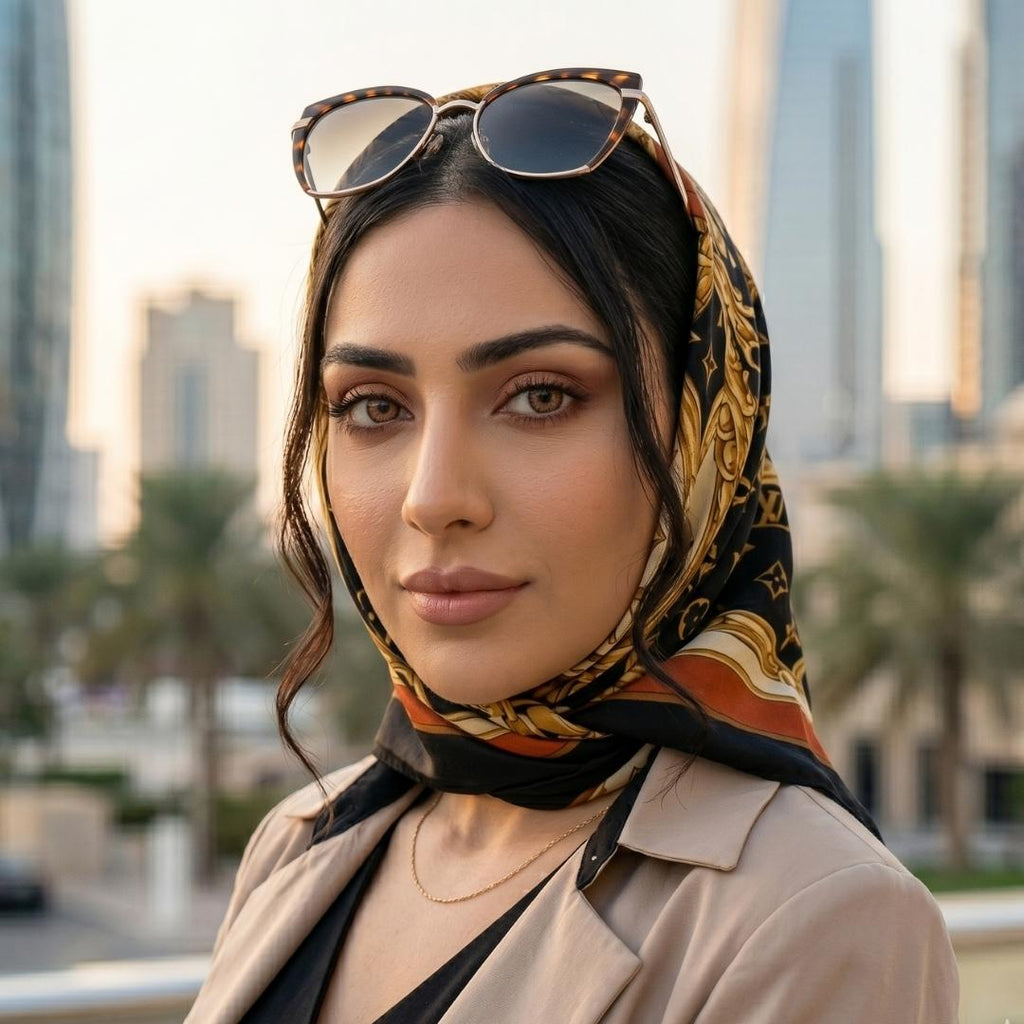 Woman wearing a patterned silk headscarf and sunglasses resting on her head stands outdoors with modern city buildings softly blurred behind her. Her bionics brown contact lens look complements the neutral outfit and polished city style.