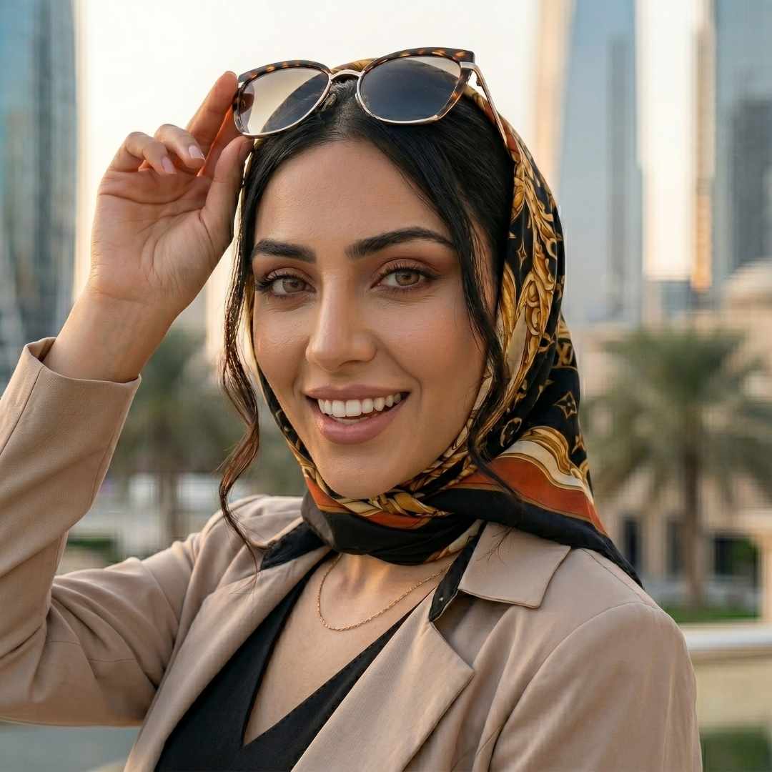 Woman wearing a patterned headscarf and sunglasses with a blurred cityscape background