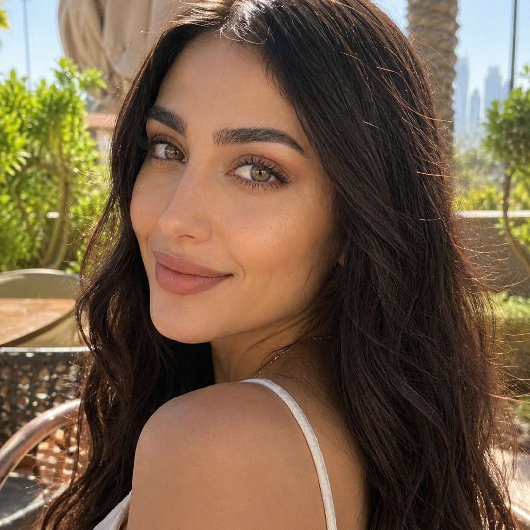 Woman with long dark wavy hair and natural cacao colored lenses smiles toward the camera while sitting outdoors in bright sunlight. Palm trees and blurred city buildings appear behind her in a warm daytime setting.