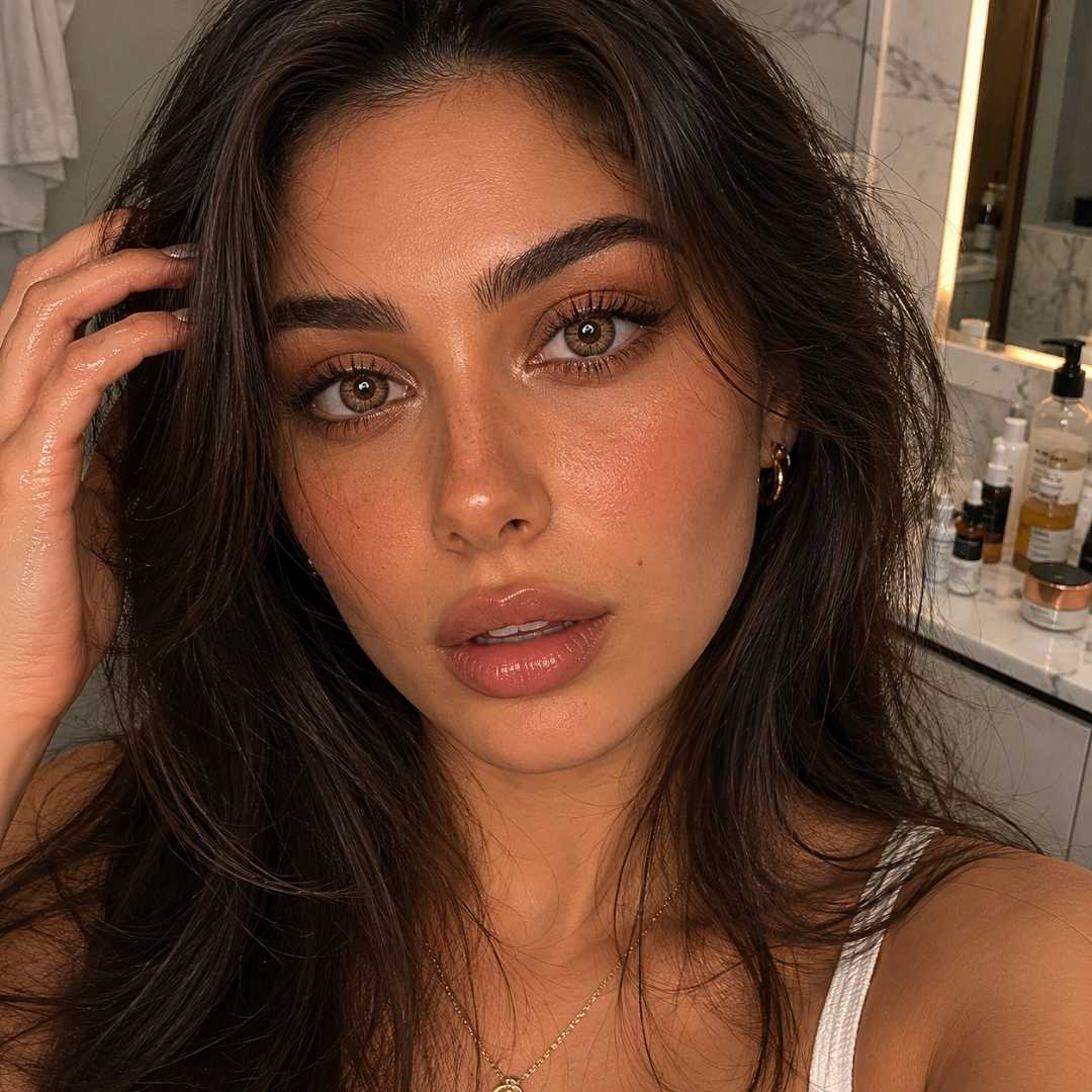 Close selfie style portrait of a woman with loose dark hair and natural makeup taken in a softly lit bathroom setting with skincare products visible in the background. Her vibrant brown contacts draw attention and add depth to the beauty focused portr