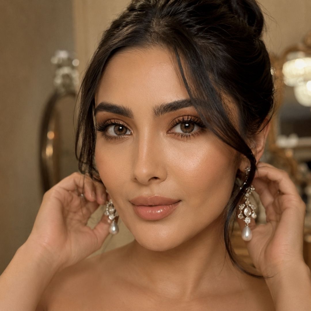 Woman with an elegant updo adjusts pearl drop earrings while posing in soft indoor lighting with a blurred decorative background. Her beautiful brown eyes and polished makeup create a refined formal portrait.