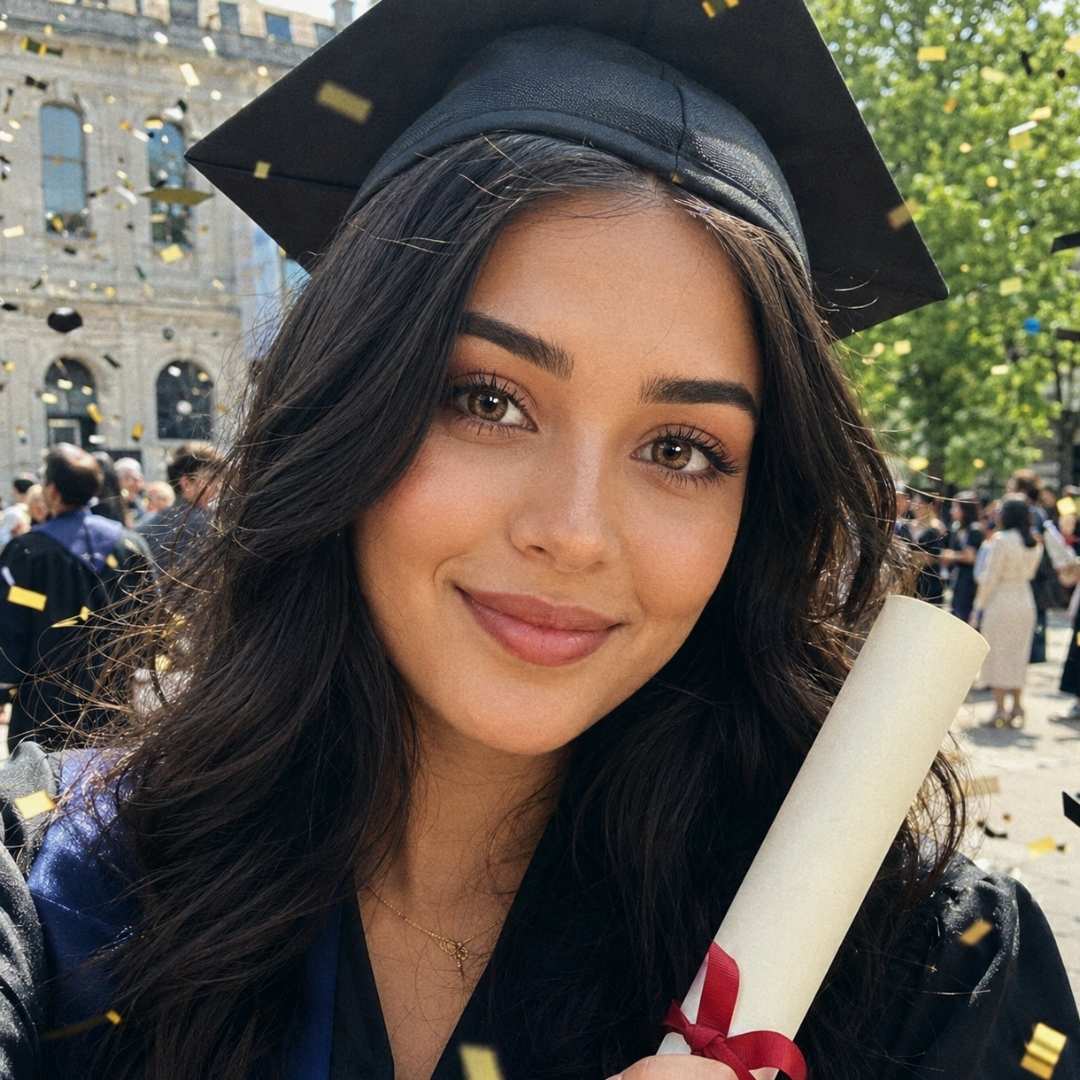 Graduate wearing a black cap and gown smiles while holding a diploma outdoors as confetti falls around her and a crowd gathers behind. Her brown eyes and celebratory expression capture a graduation milestone moment.
