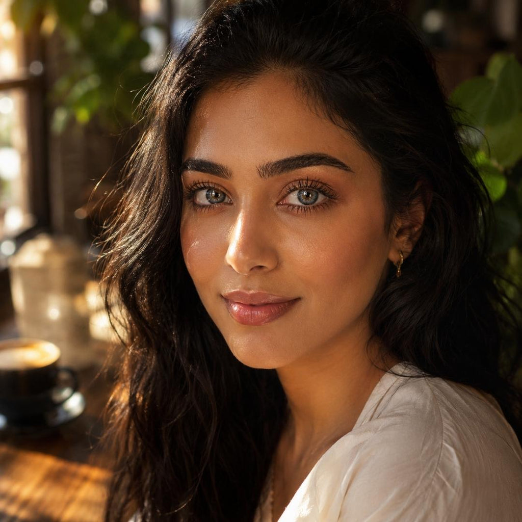 Woman with long dark hair and subtle makeup smiles gently toward the camera while seated in a sunlit indoor space with plants and a coffee cup nearby. Natural light catches her eyes and creates a relaxed and inviting atmosphere.