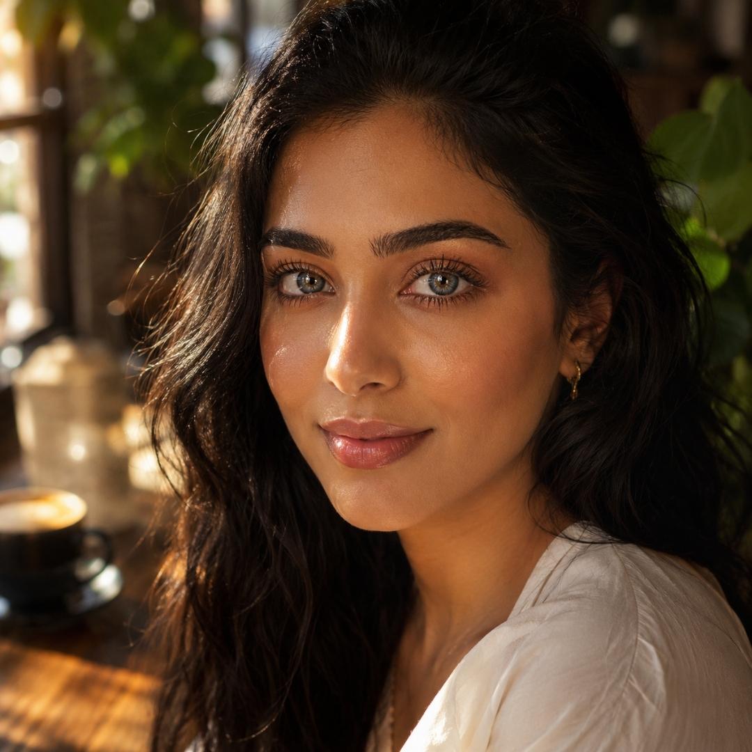 Woman with long dark hair and subtle makeup smiles gently toward the camera while seated in a sunlit indoor space with plants and a coffee cup nearby. Natural light catches her eyes and creates a relaxed and inviting atmosphere.