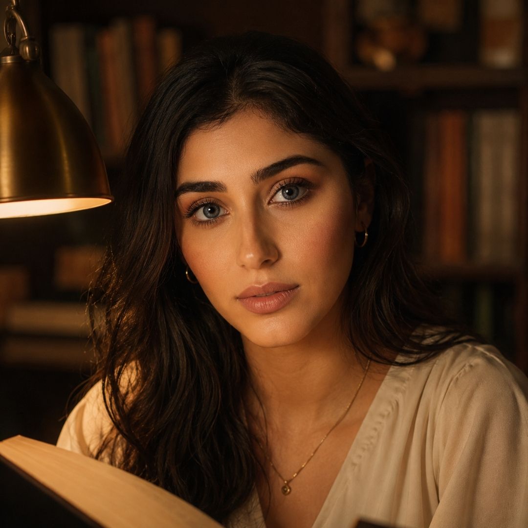 Woman with long dark hair and light eyes looks toward the camera while reading under a desk lamp. Warm lighting and bookshelves behind her create a cozy library setting.