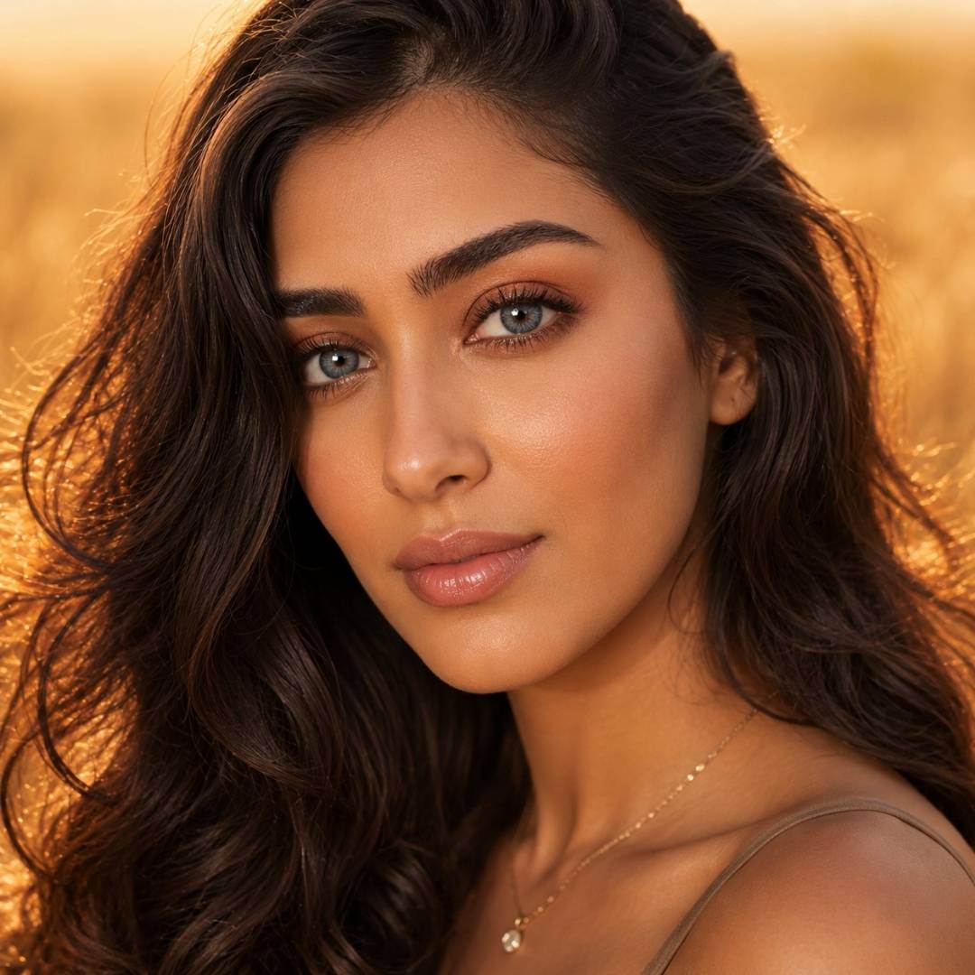 almond-shaped dark eyes wearing gray contacts outdoor
