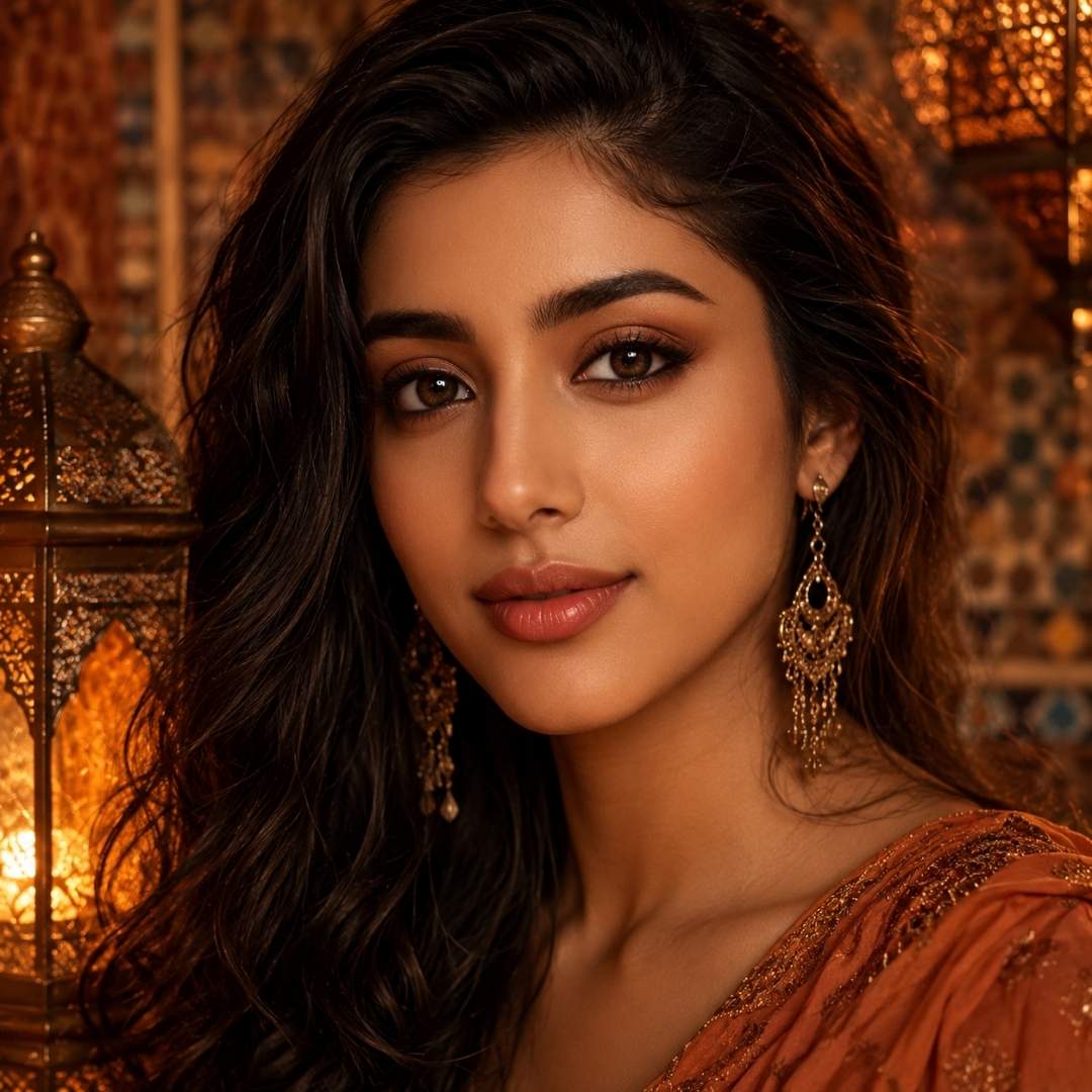 Woman with long wavy hair and ornate gold earrings poses beside a glowing lantern in a richly decorated setting. Black color lenses create a soft defined gaze that complements the warm lighting and embroidered outfit.