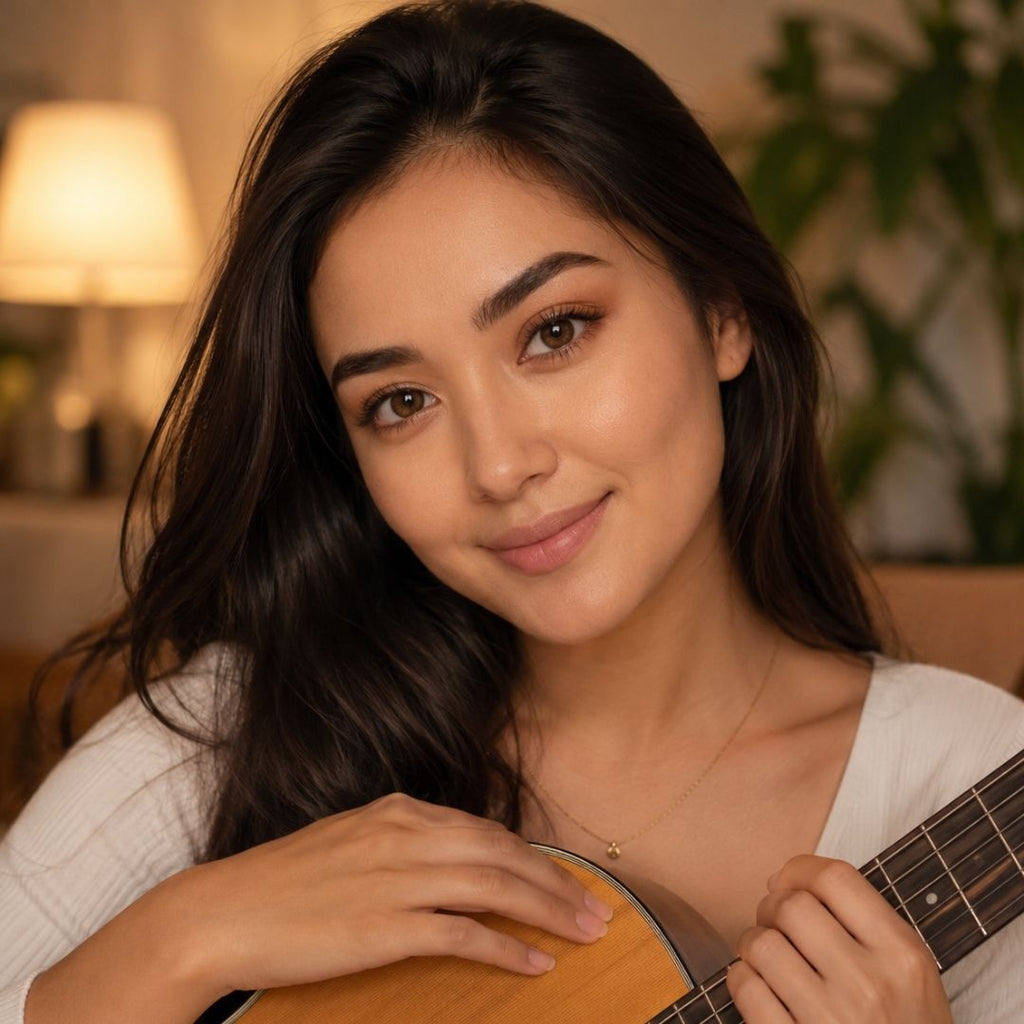 A woman in a cozy white top holding an acoustic guitar, displaying natural chocolate brown circle lenses perfect for everyday no-makeup look.