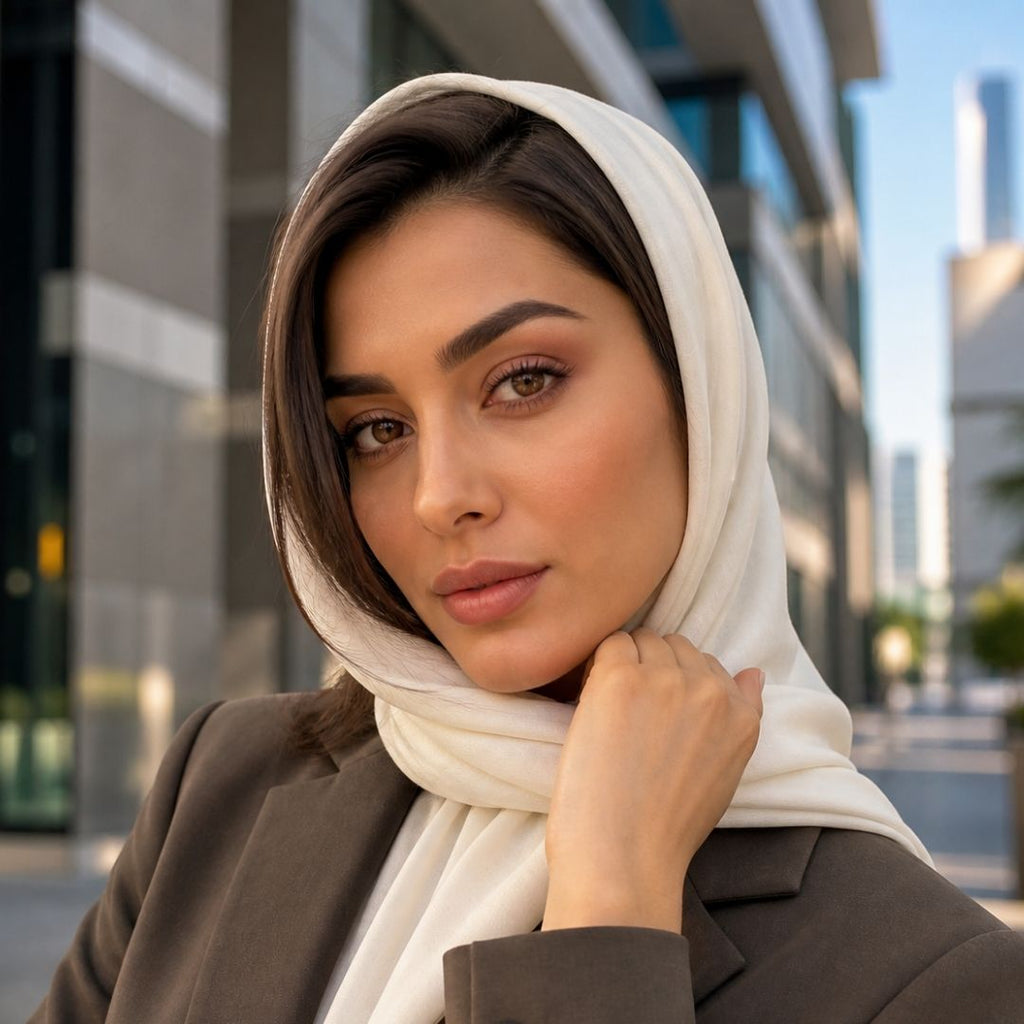 Woman wearing a white headscarf and tailored blazer smiles gently while standing in a modern city environment with tall buildings in the background. Her bionics brown contact lens inspired gaze adds warmth and confidence to the professional portrait.