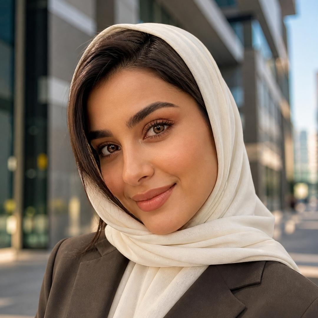 Woman wearing a white hijab and brown coat in an urban setting