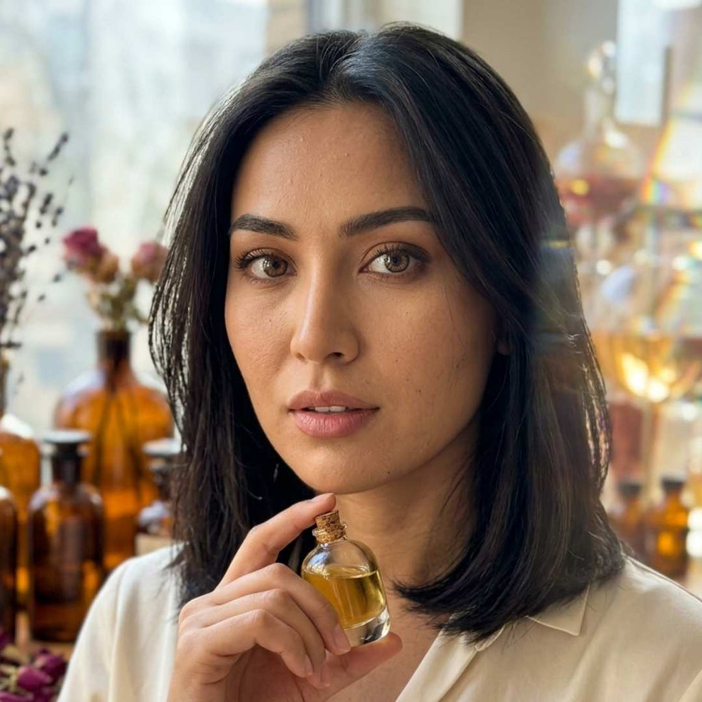 Woman with shoulder length dark hair holds a small glass bottle while surrounded by amber bottles and soft natural light indoors. Her beautiful brown eyes and thoughtful expression support a skincare or fragrance inspired setting.