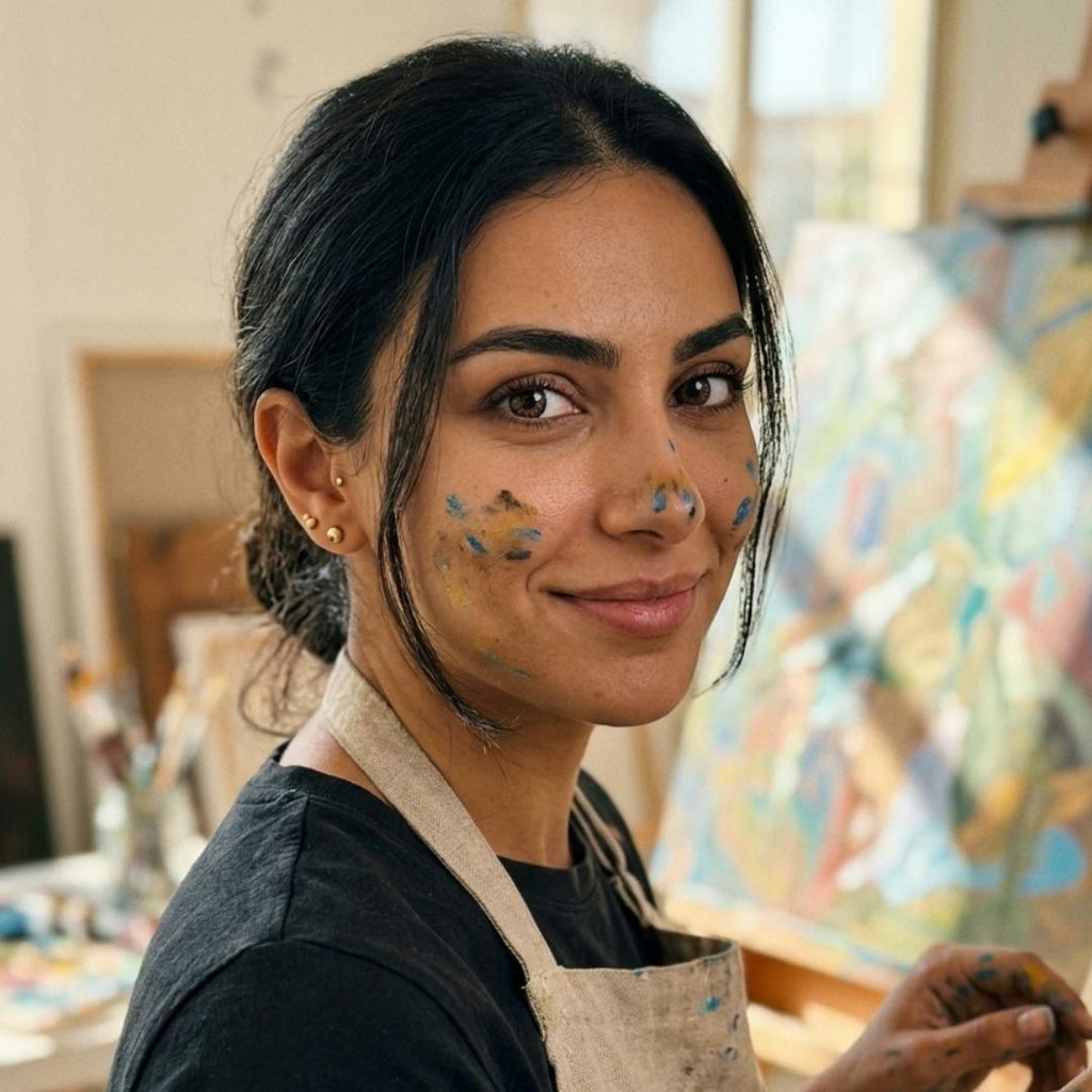 Woman with paint on her face and hands in an art studio