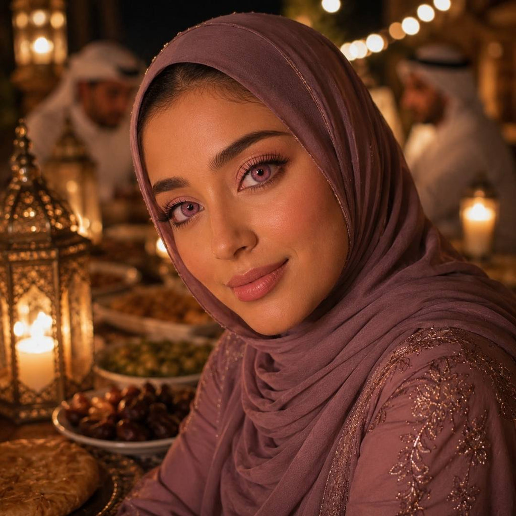 A woman with a purple headscarf and pink contact lenses sits at a table filled with various dishes.