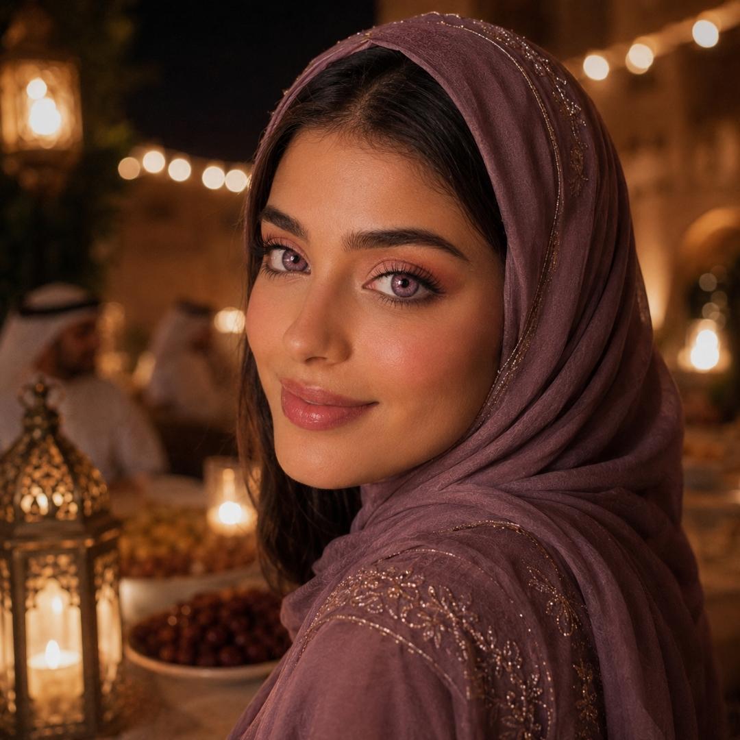 A beautiful woman wearing a purple headscarf and striking pink contact lenses, exuding elegance and charm.