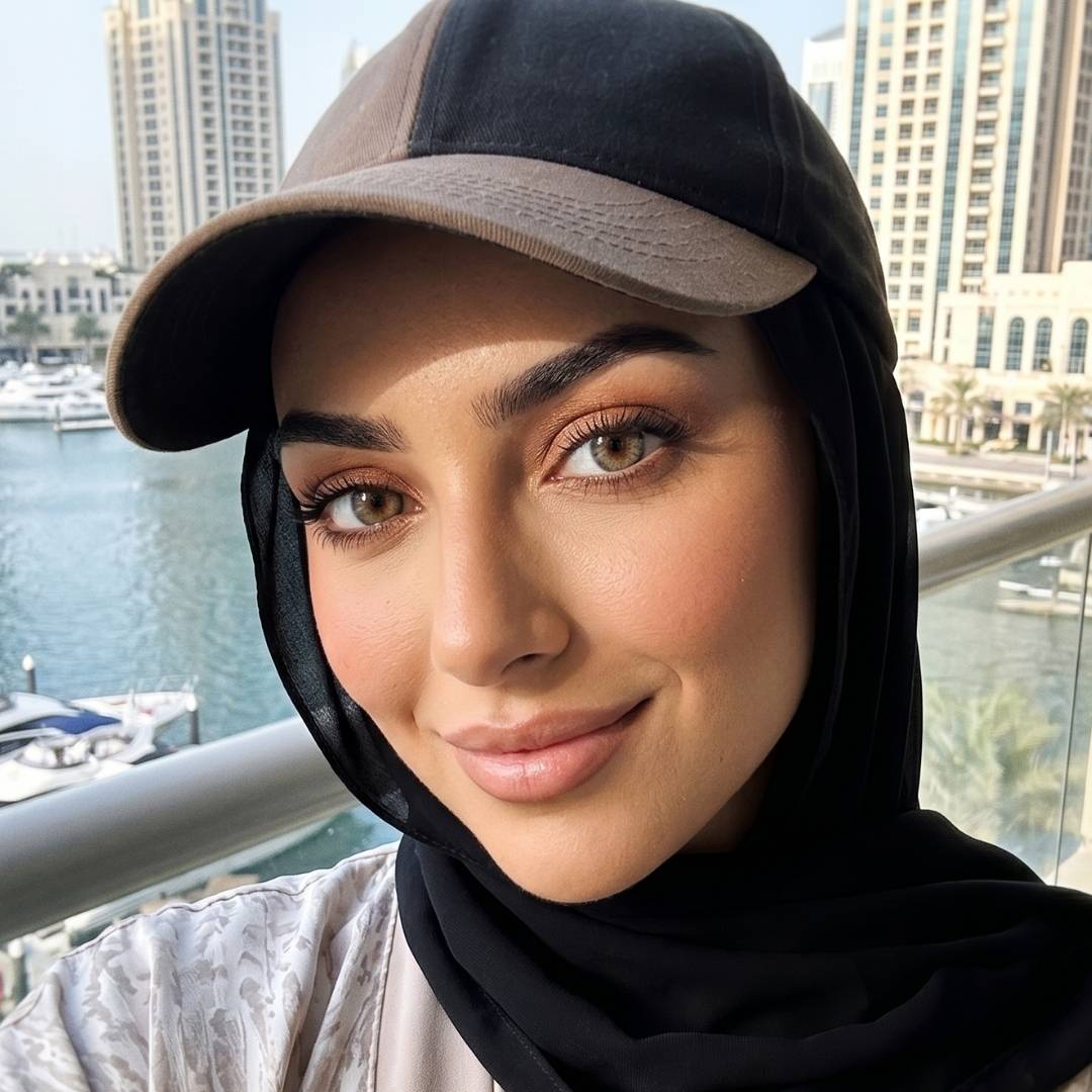 Woman wearing natural cacao colored lenses, a black hijab, and a beige baseball cap poses on a balcony with a marina and tall buildings in the background. Bright daylight highlights her soft makeup and light hazel brown eyes.