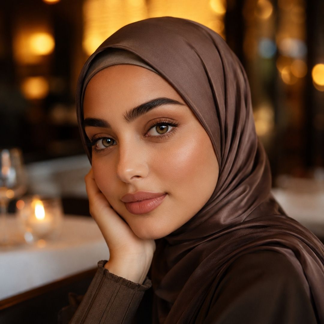 Woman wearing a satin brown hijab and subtle brown colored contacts rests her face against her hand in a softly lit restaurant. Warm candlelight and blurred golden bokeh create an elegant evening atmosphere in the background.
