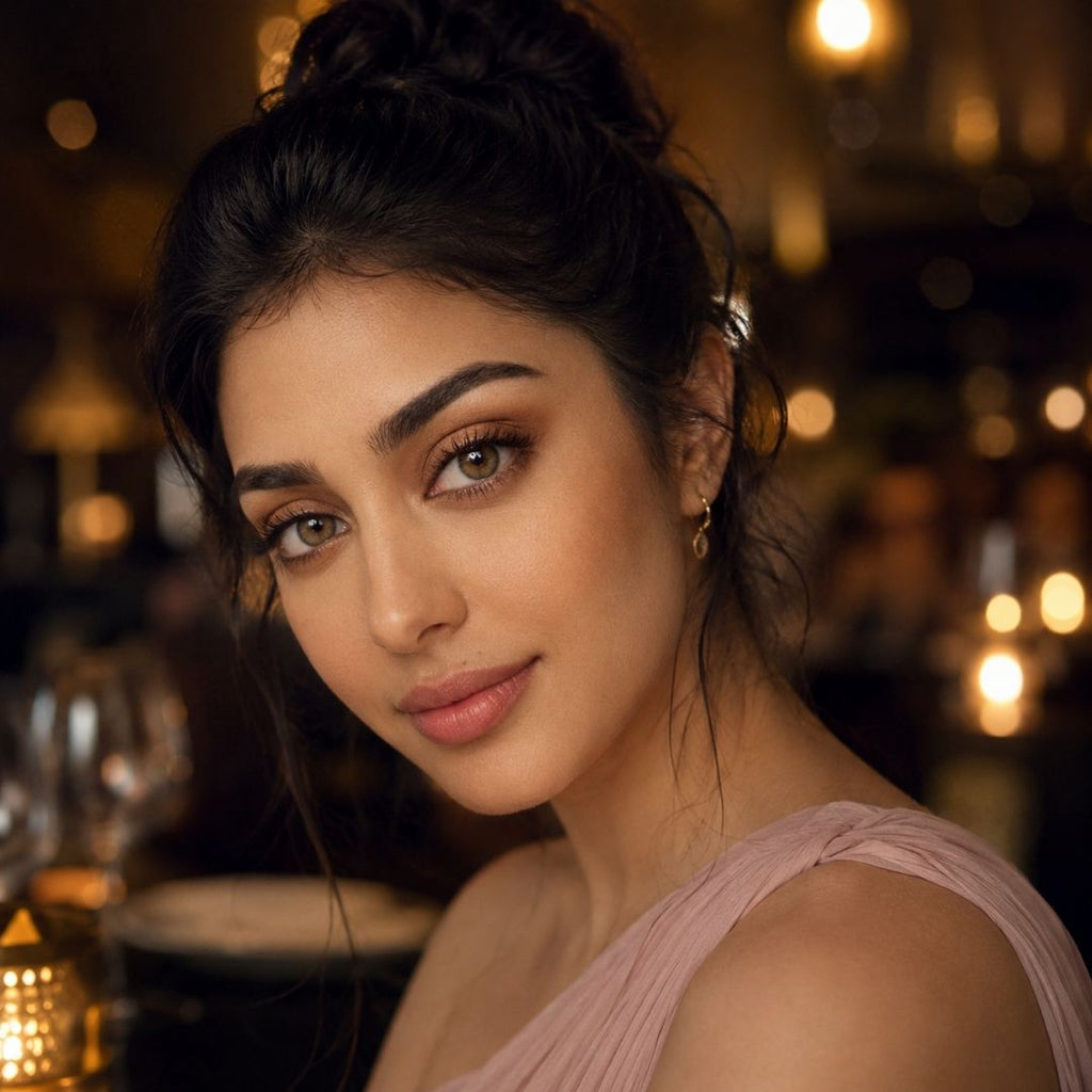 Woman with dark hair in a loose updo wears subtle brown colored contacts and a soft pink dress while seated in a dimly lit restaurant. Warm ambient lighting highlights her natural makeup and light brown eyes.