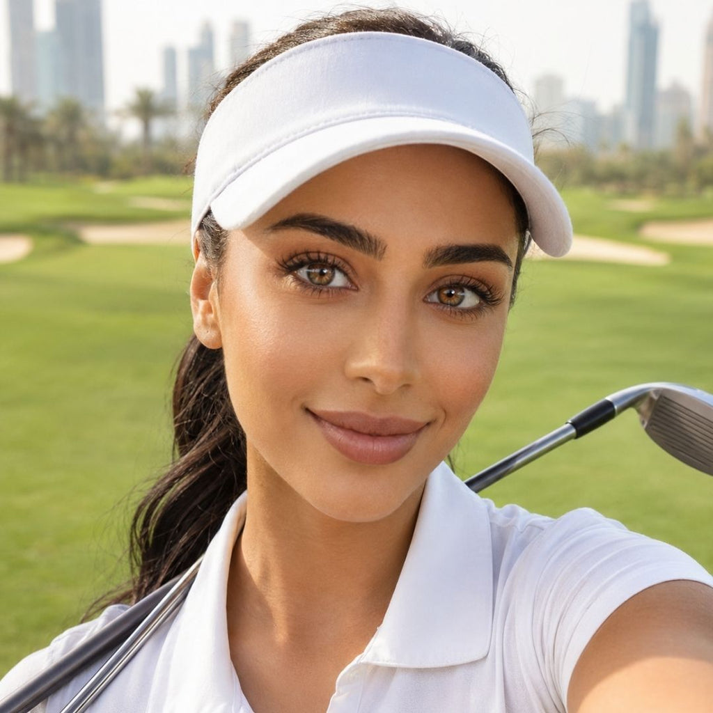 Woman wearing subtle brown colored contacts, a white visor, and a white golf shirt takes a selfie on a golf course. A golf club rests over her shoulder with green fairways and a blurred city skyline behind her.