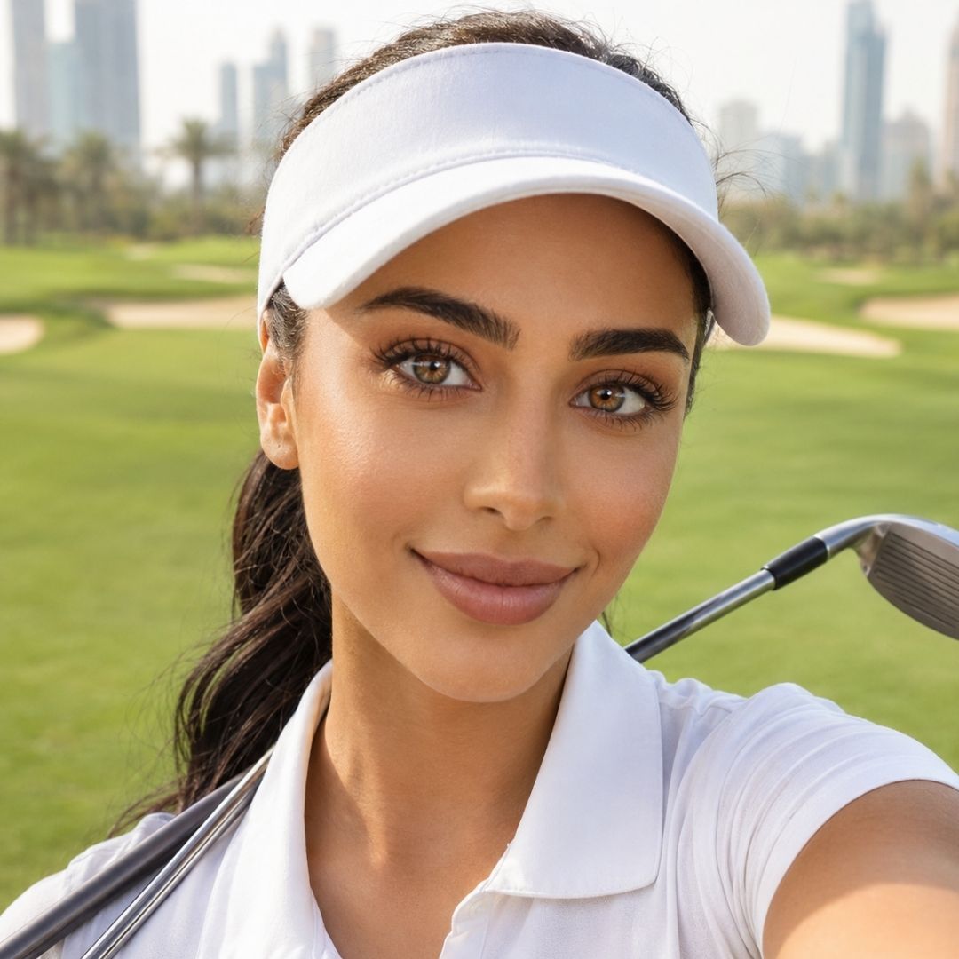 Woman wearing subtle brown colored contacts, a white visor, and a white golf shirt takes a selfie on a golf course. A golf club rests over her shoulder with green fairways and a blurred city skyline behind her.