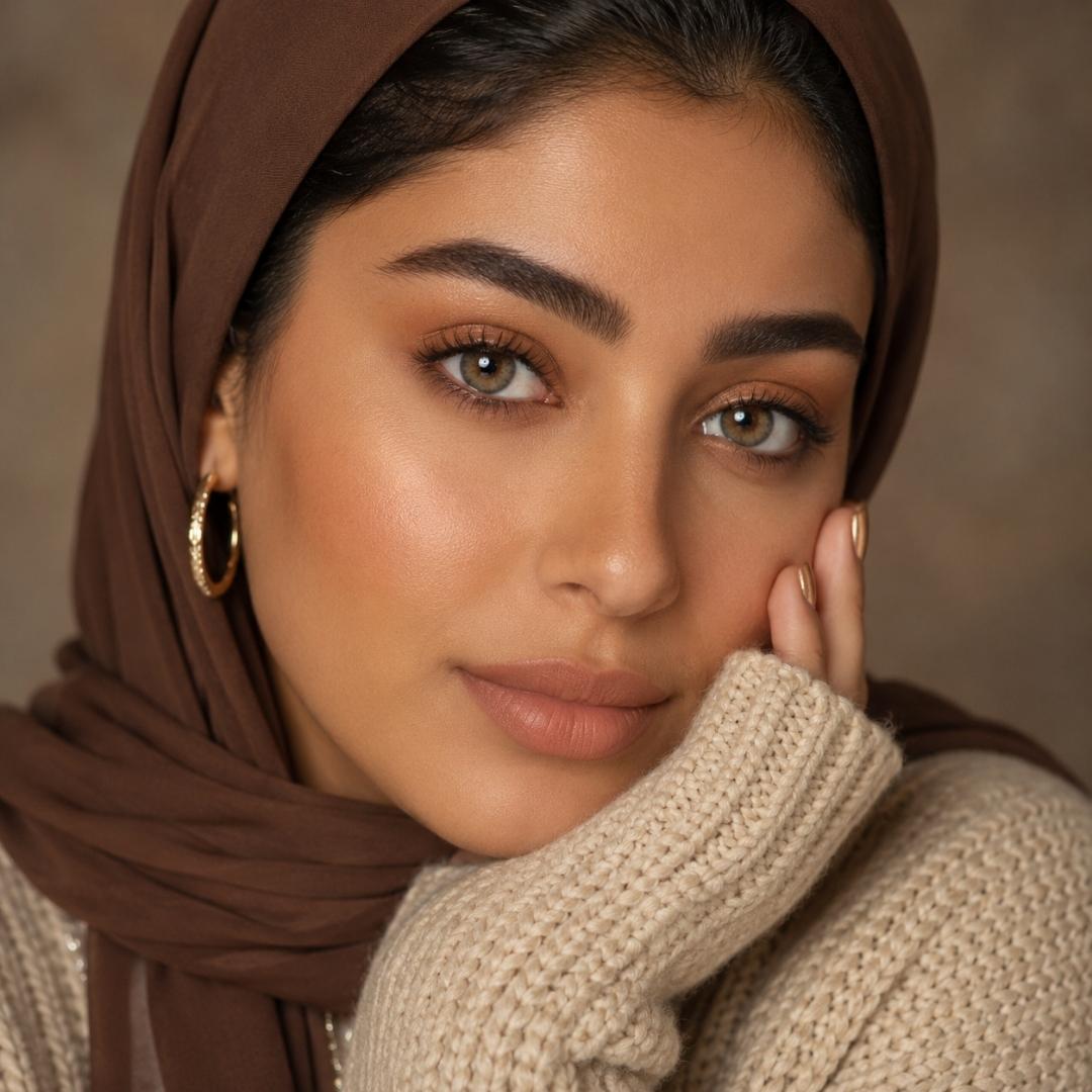 Close up portrait of a woman wearing subtle brown colored contacts, a brown hijab, and a cream knit sweater. Soft neutral lighting highlights her warm makeup tones, gold hoop earrings, and relaxed pose.