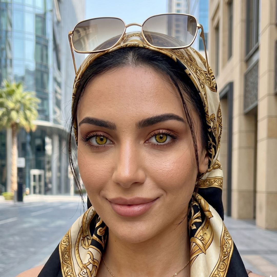 A woman with dolly brown eyes wearing a scarf and sunglasses, enjoying a sunny day outdoors.