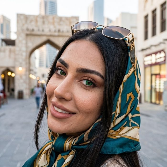 Woman wearing a patterned headscarf with sunglasses on her head, standing in an urban setting.