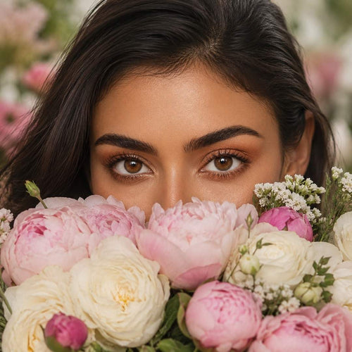 Macro shot of a woman's eyes wearing glossy brown colored contact lenses, with her face partially hidden behind a bouquet of pink peonies and white flowers.