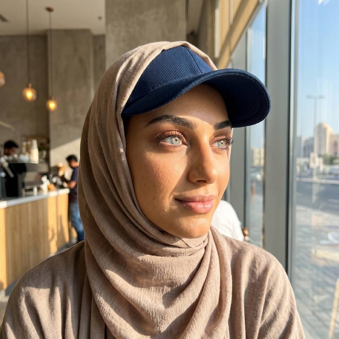 dubai girl wearing gray contacts, blue cap and hijab