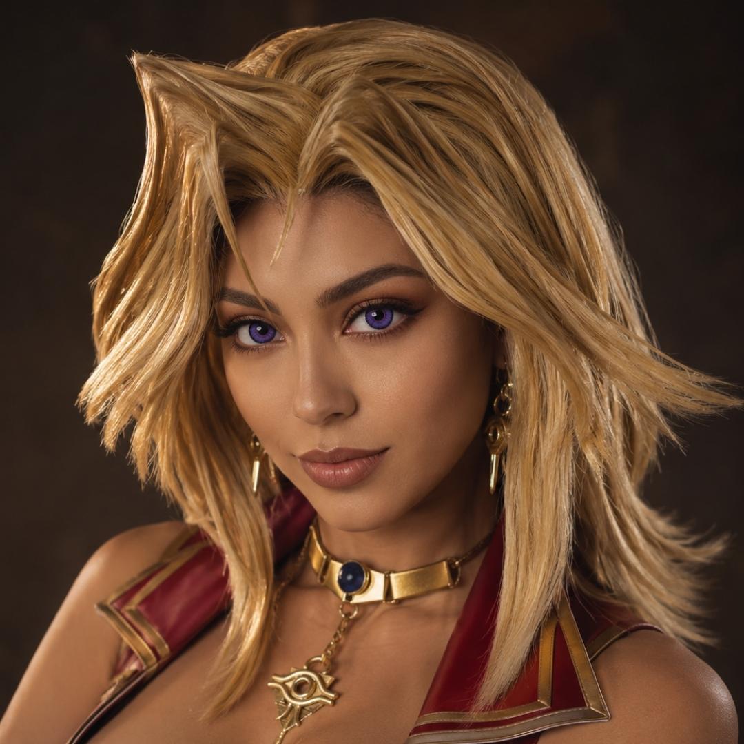 Mai Valentine with blonde hair and fantasy costume against a dark background