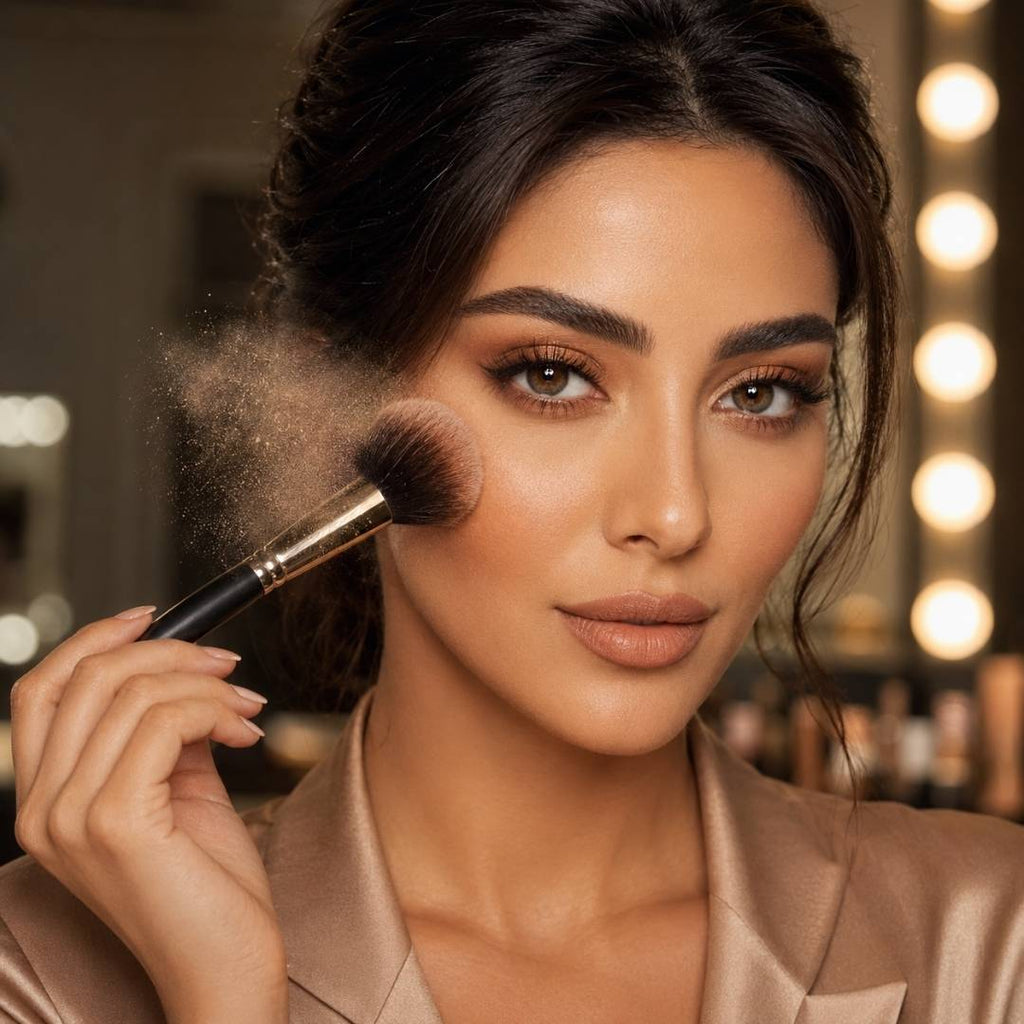 A close-up of a professional makeup brush applying loose powder to a Middle Eastern woman's cheek, highlighting her flawless skin and brown cosmetic lenses.