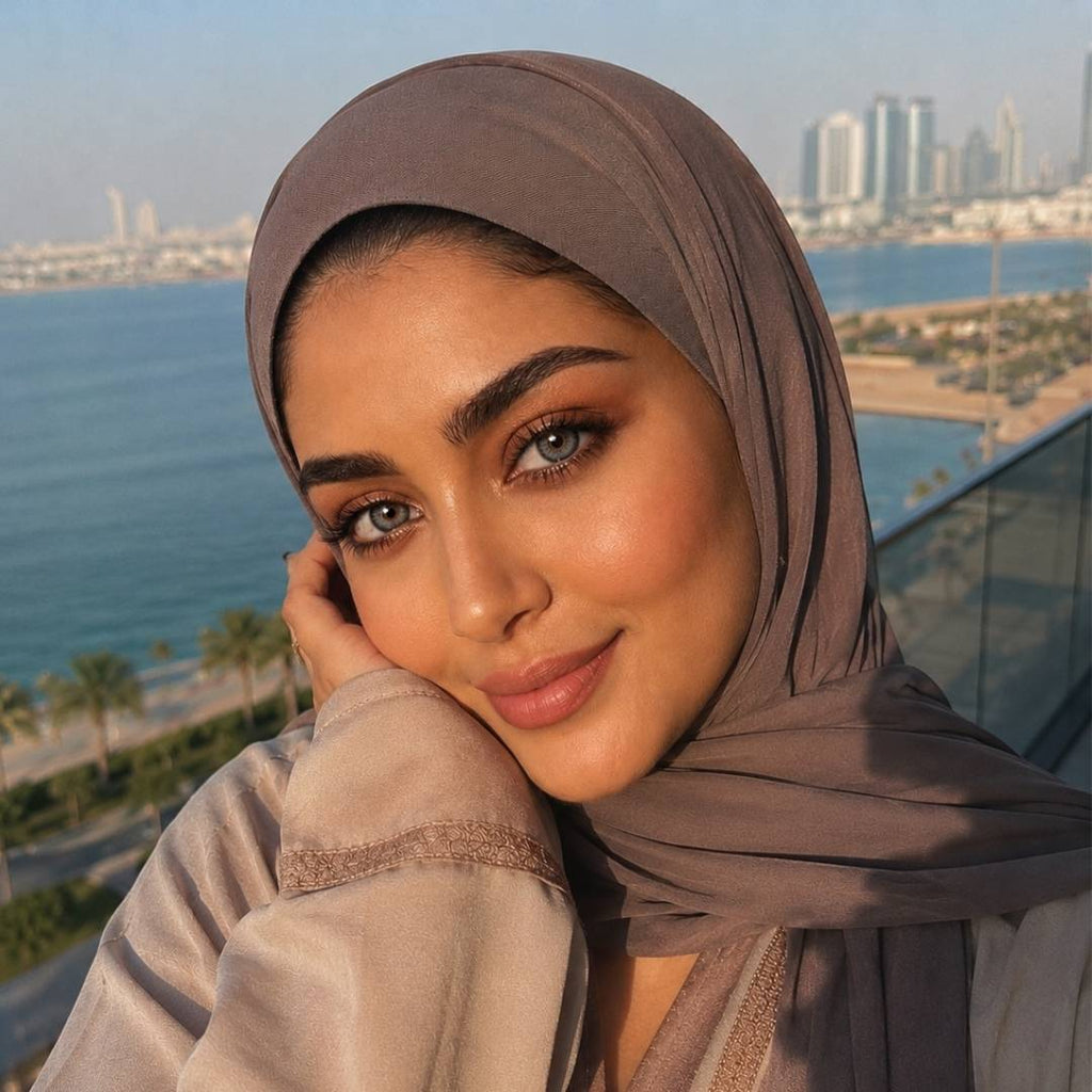 Woman wearing a hijab with a cityscape and water in the background