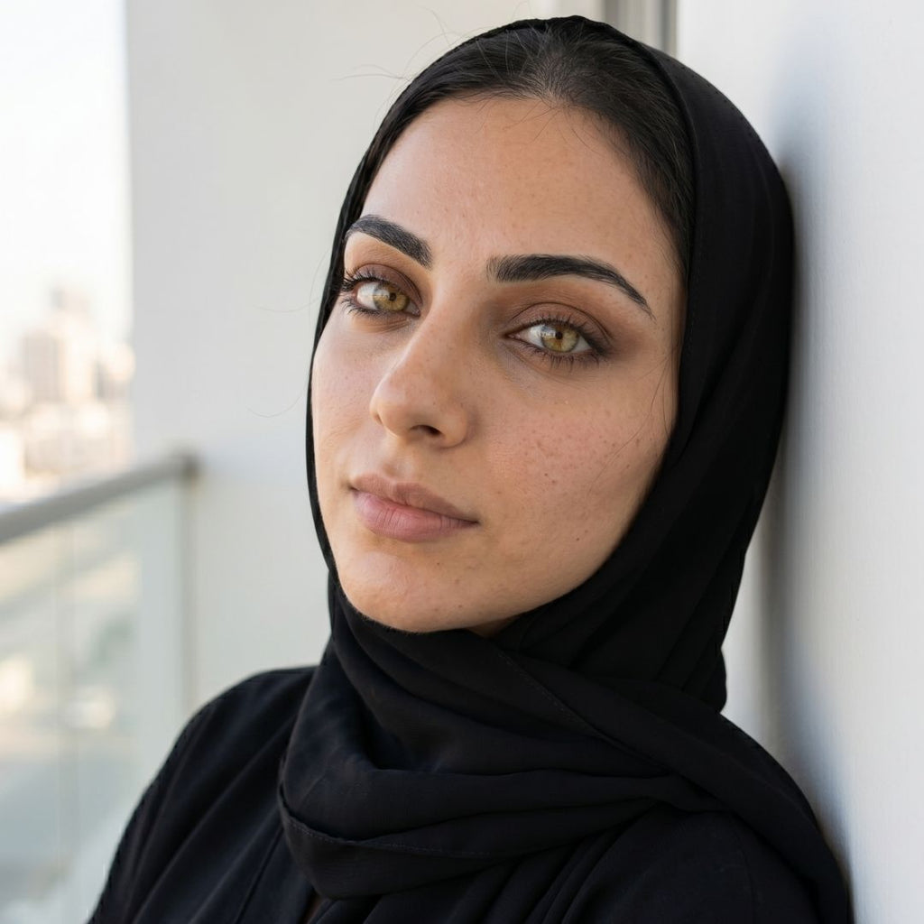 Woman wearing a black hijab leaning against a white wall.