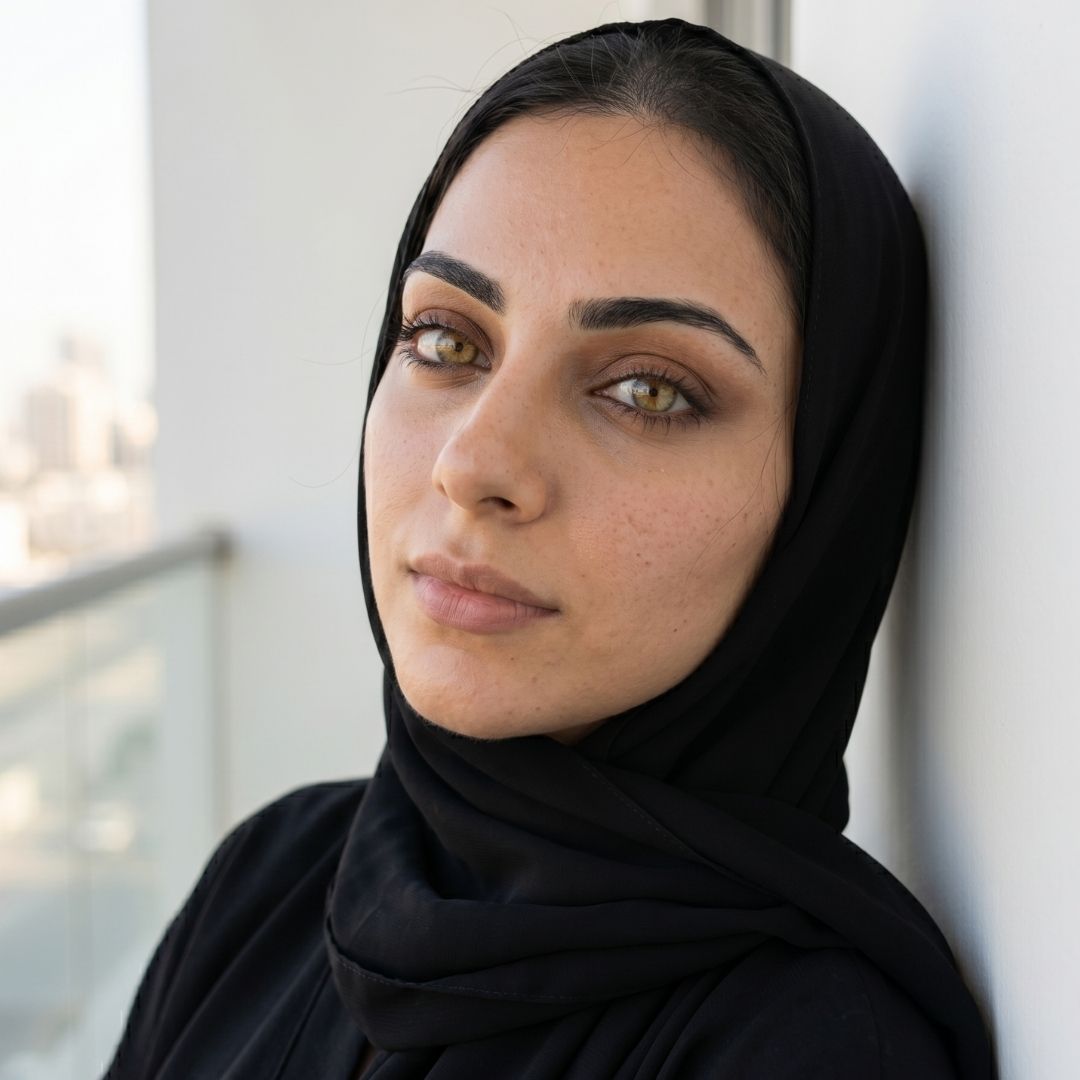 Woman wearing a black hijab leaning against a white wall.