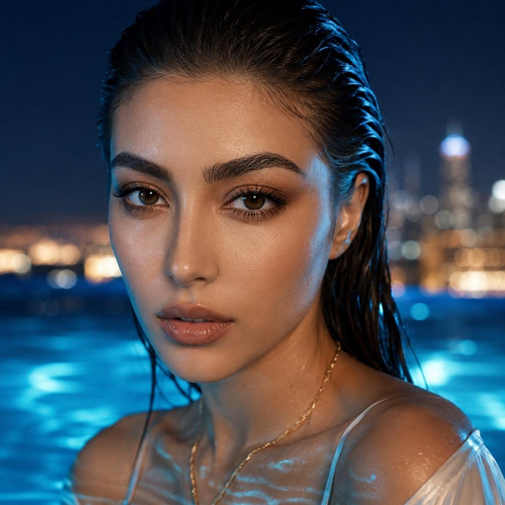 A beautiful Middle Eastern woman with wet hair and glowing skin wearing natural brown color contact lenses, standing in a swimming pool at night with city lights background.