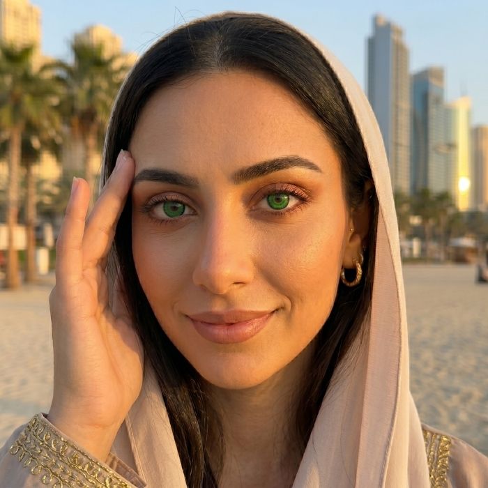 Woman with green eyes and a headscarf in an urban setting